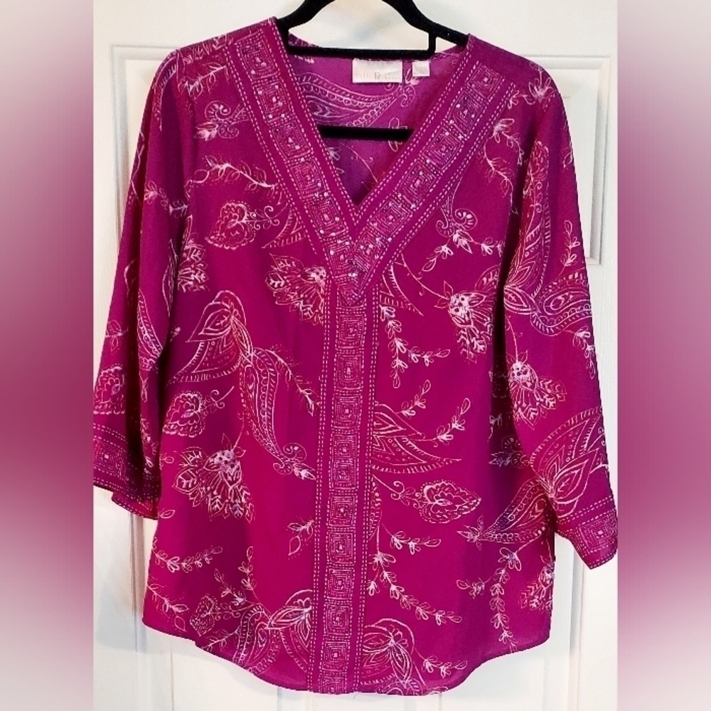 Belle By Kim Gravel Bandana Border Print V-Neck Blouse, Purple, Size S.